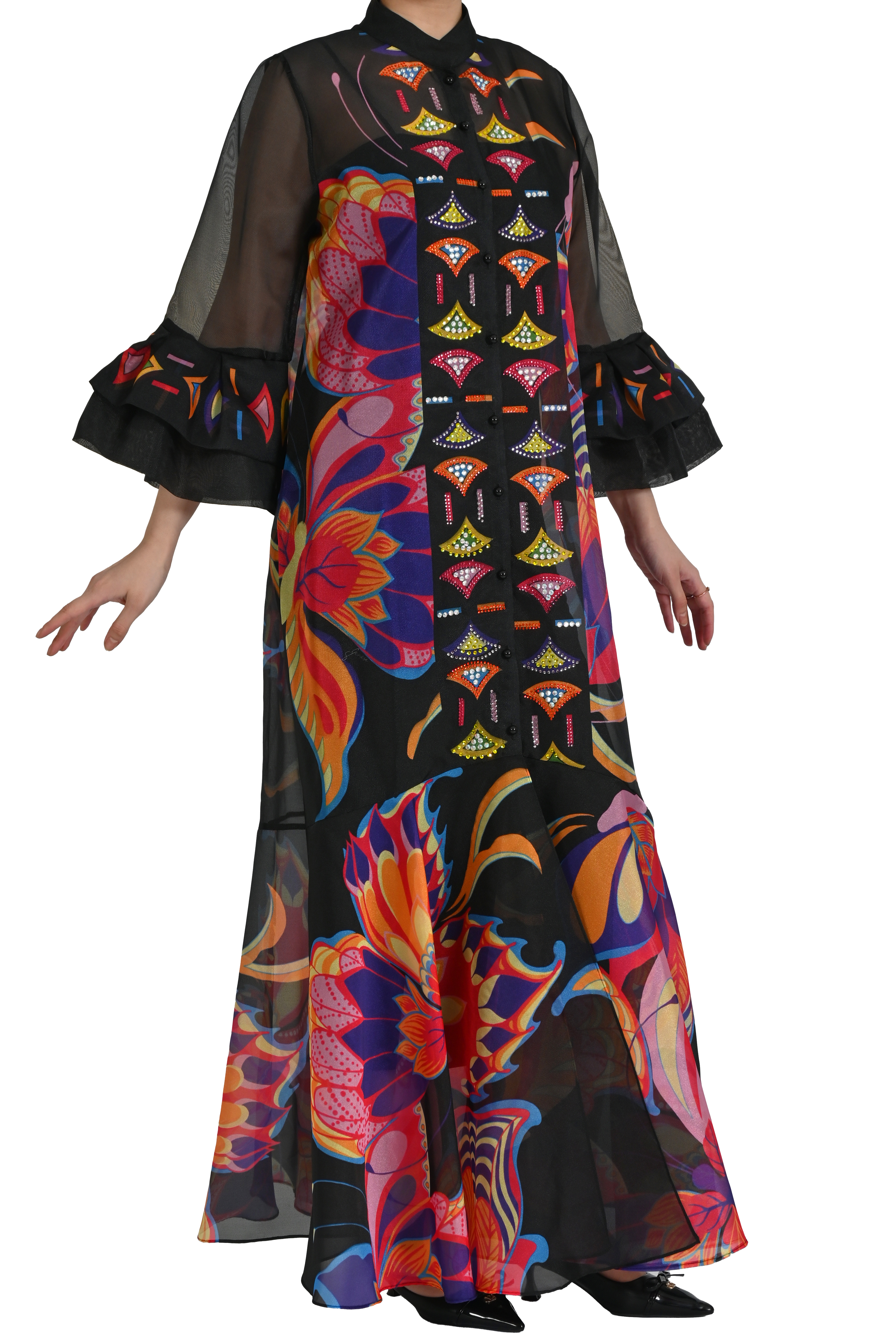 KATLI VOLAN KOLLU VE GEOMETRİK İŞLEMELİ ŞİFON KAFTAN