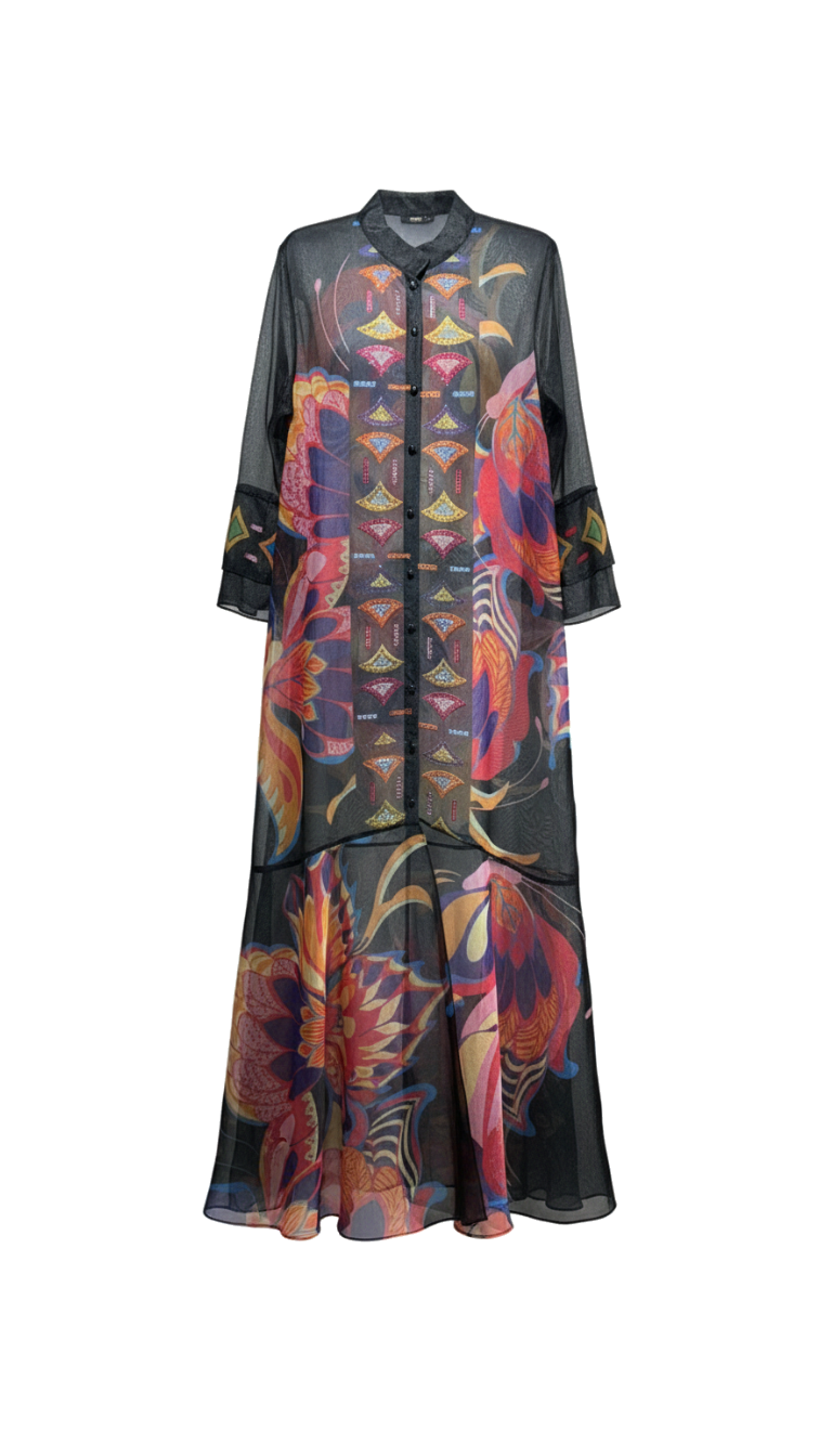 KATLI VOLAN KOLLU VE GEOMETRİK İŞLEMELİ ŞİFON KAFTAN