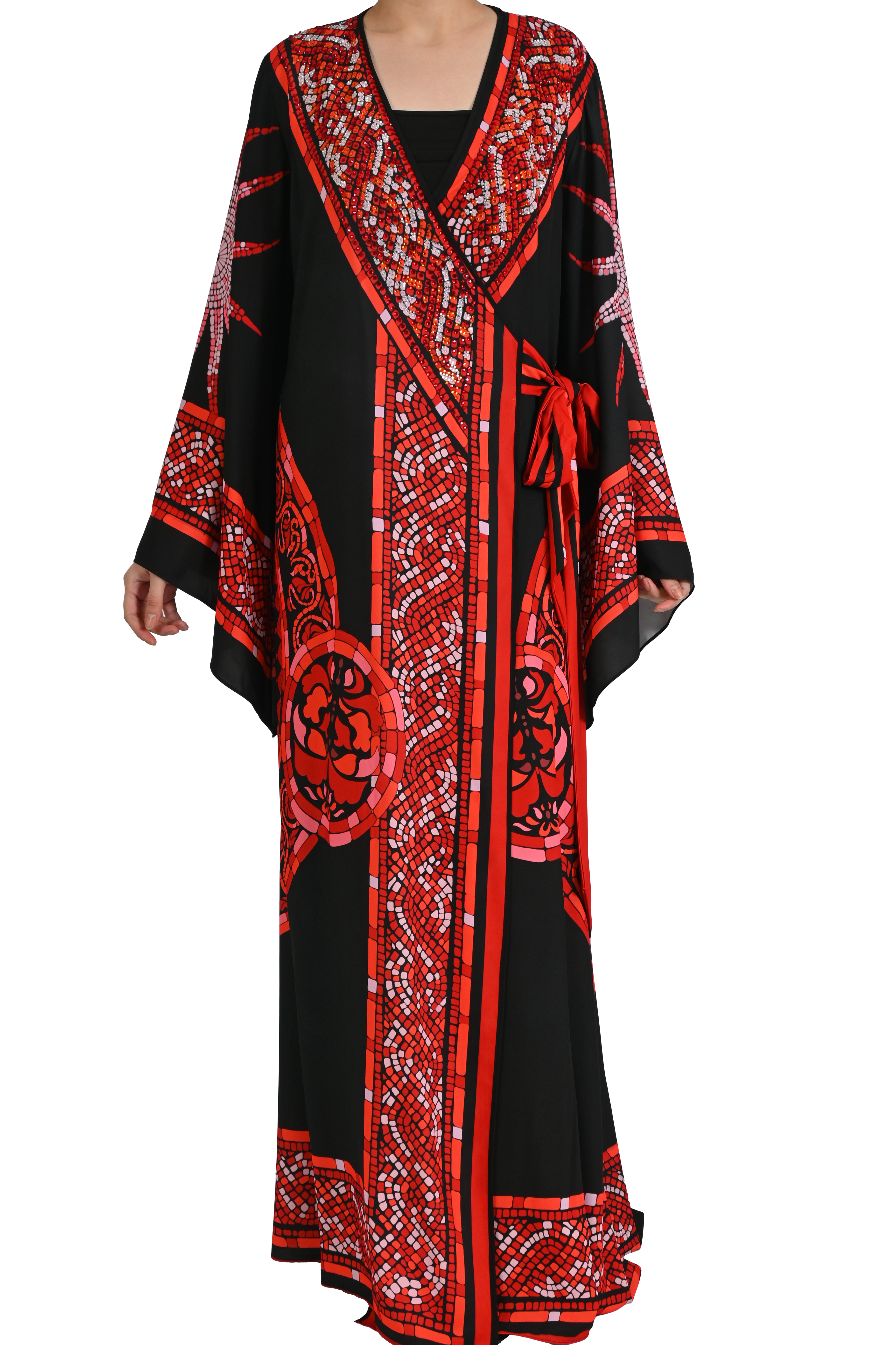 KIRMIZI GÜNEŞ MOTİFLİ VE BELDEN BAĞLAMALI ABİYE KAFTAN