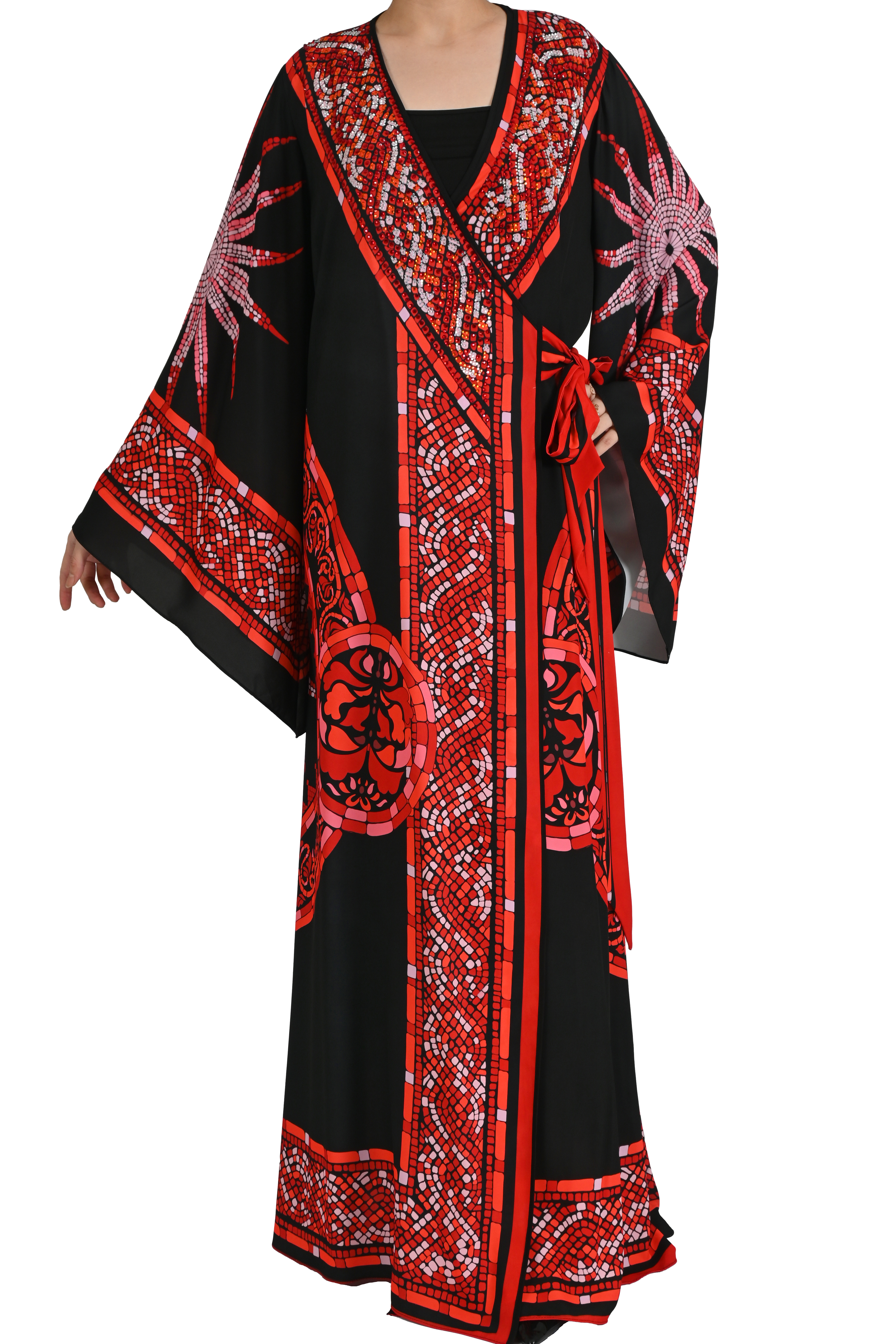 KIRMIZI GÜNEŞ MOTİFLİ VE BELDEN BAĞLAMALI ABİYE KAFTAN