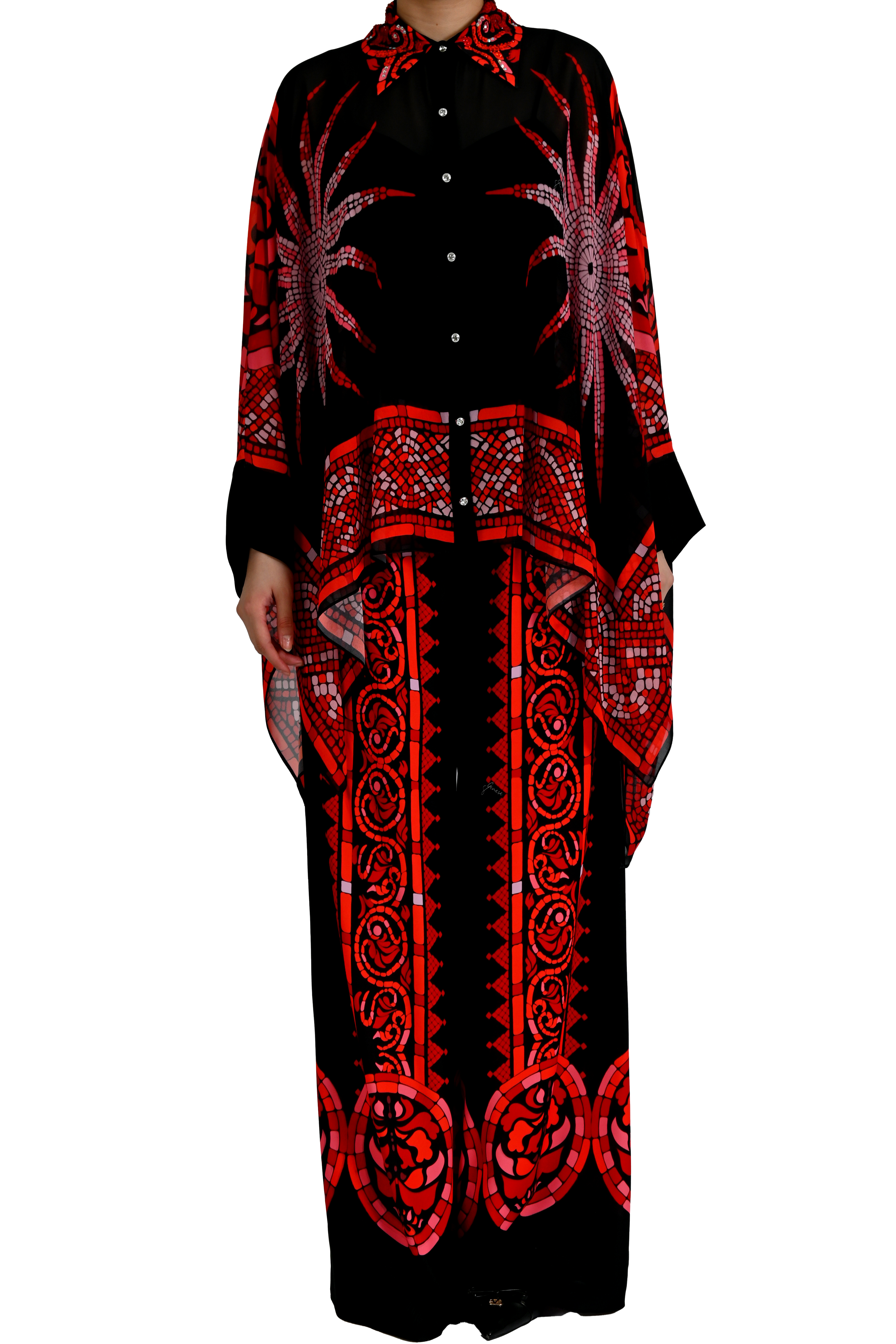 KIRMIZI-SİYAH ETNİK GRAFİK DESENLİ LUXE GÖMLEK