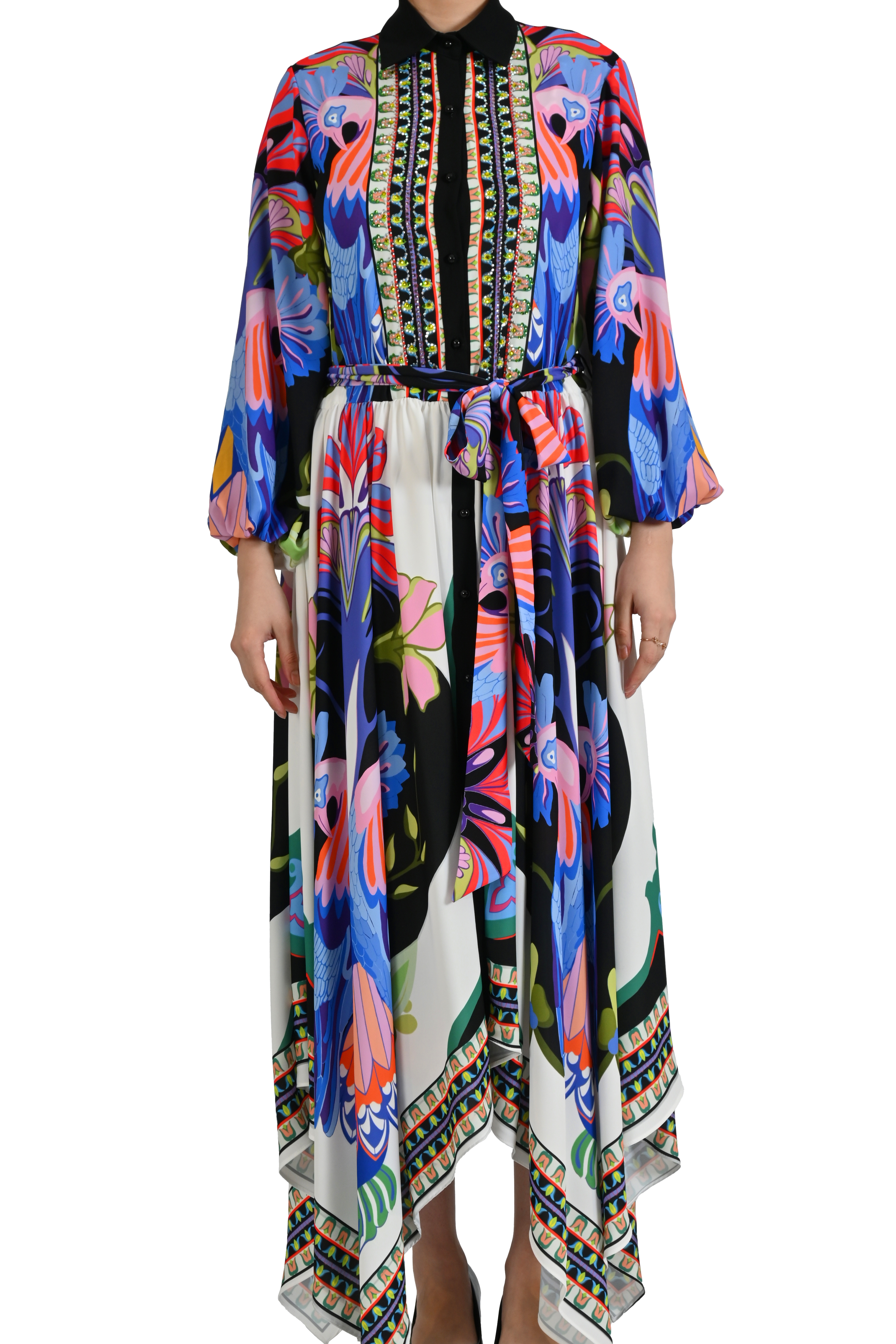 MULTİCOLOR TROPİKAL DESENLİ GÖMLEK YAKA TASARIM ELBİSE