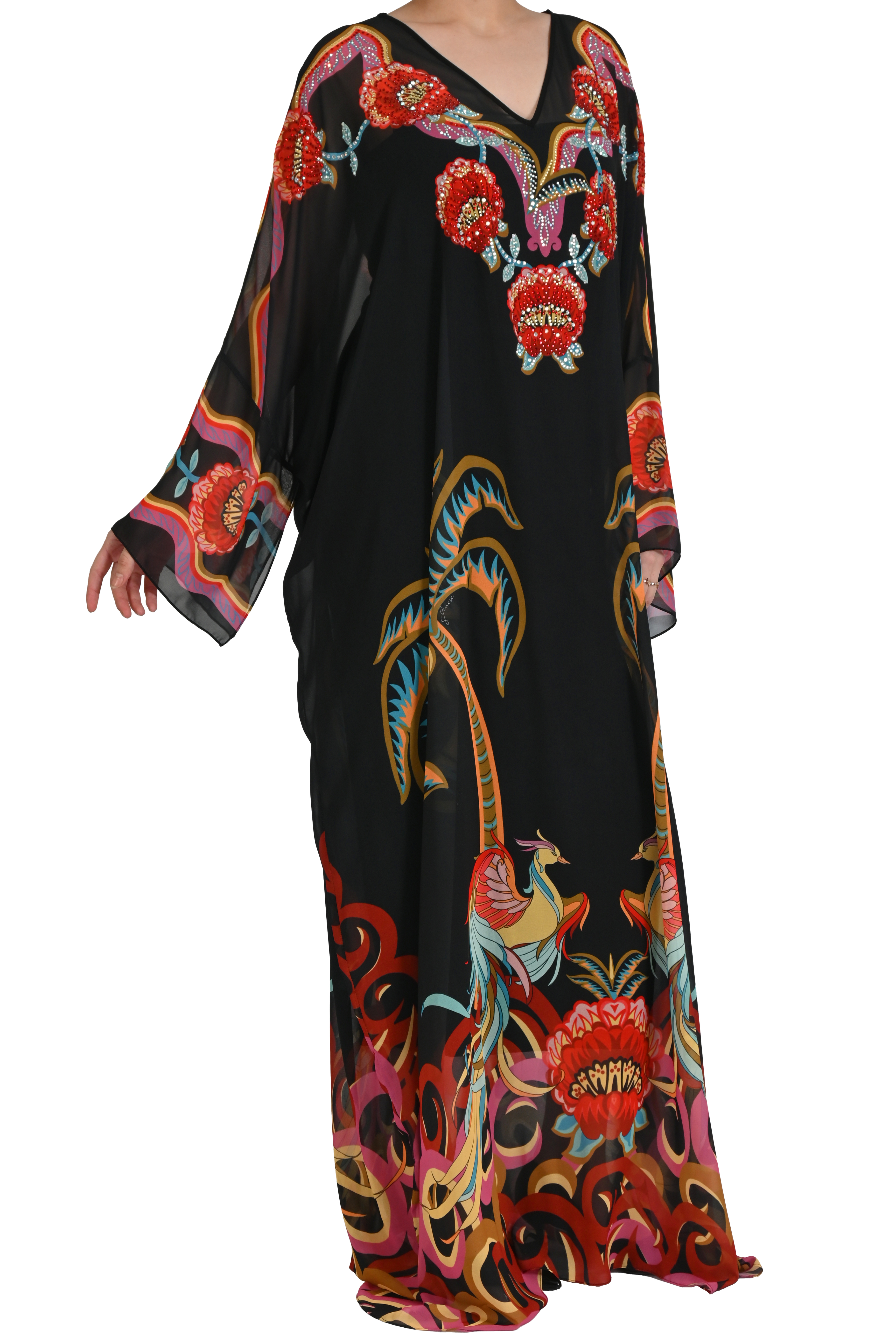 SİYAH KRİSTAL TAŞ İŞLEMELİ FLORAL DETAYLI ABİYE KAFTAN