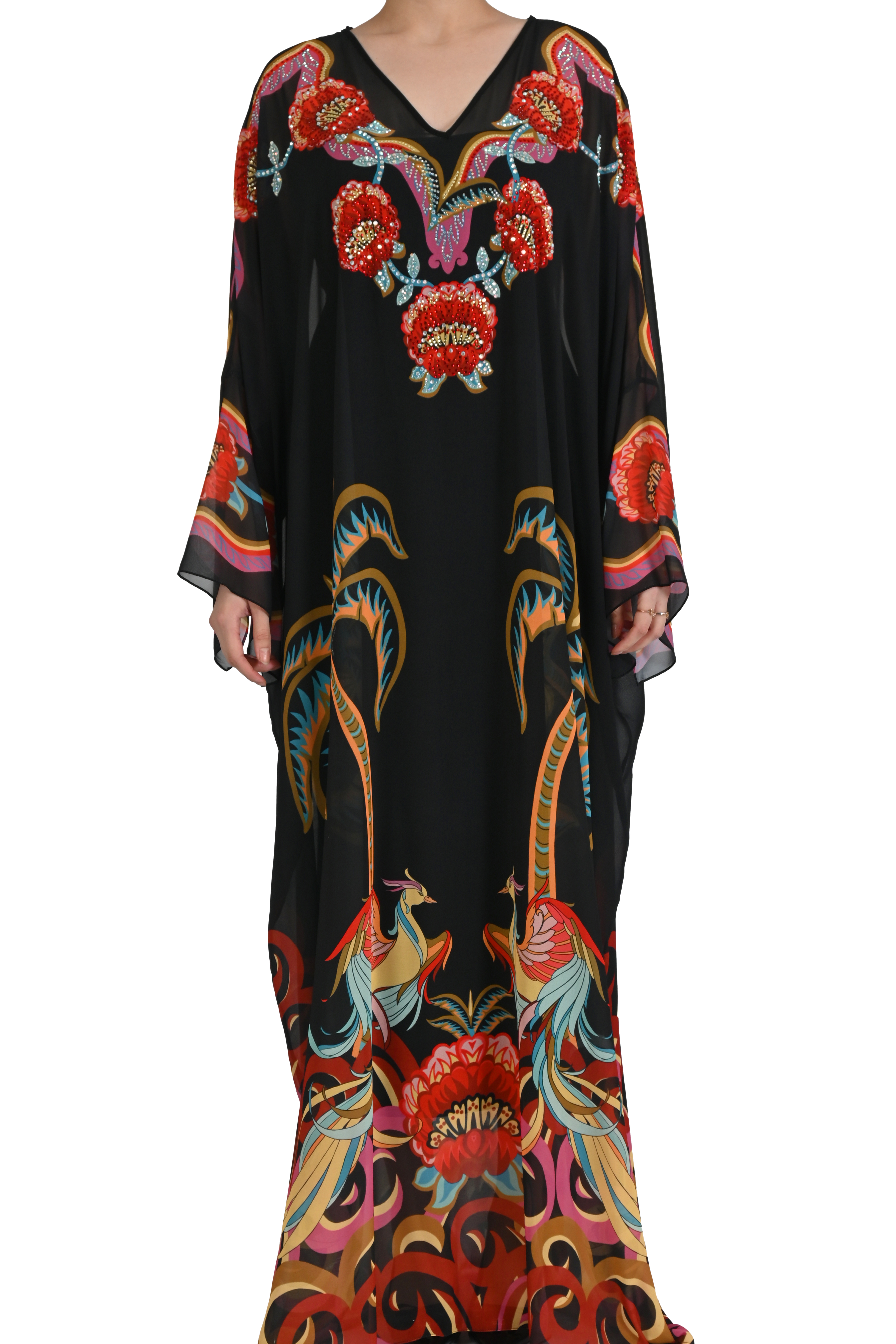 SİYAH KRİSTAL TAŞ İŞLEMELİ FLORAL DETAYLI ABİYE KAFTAN