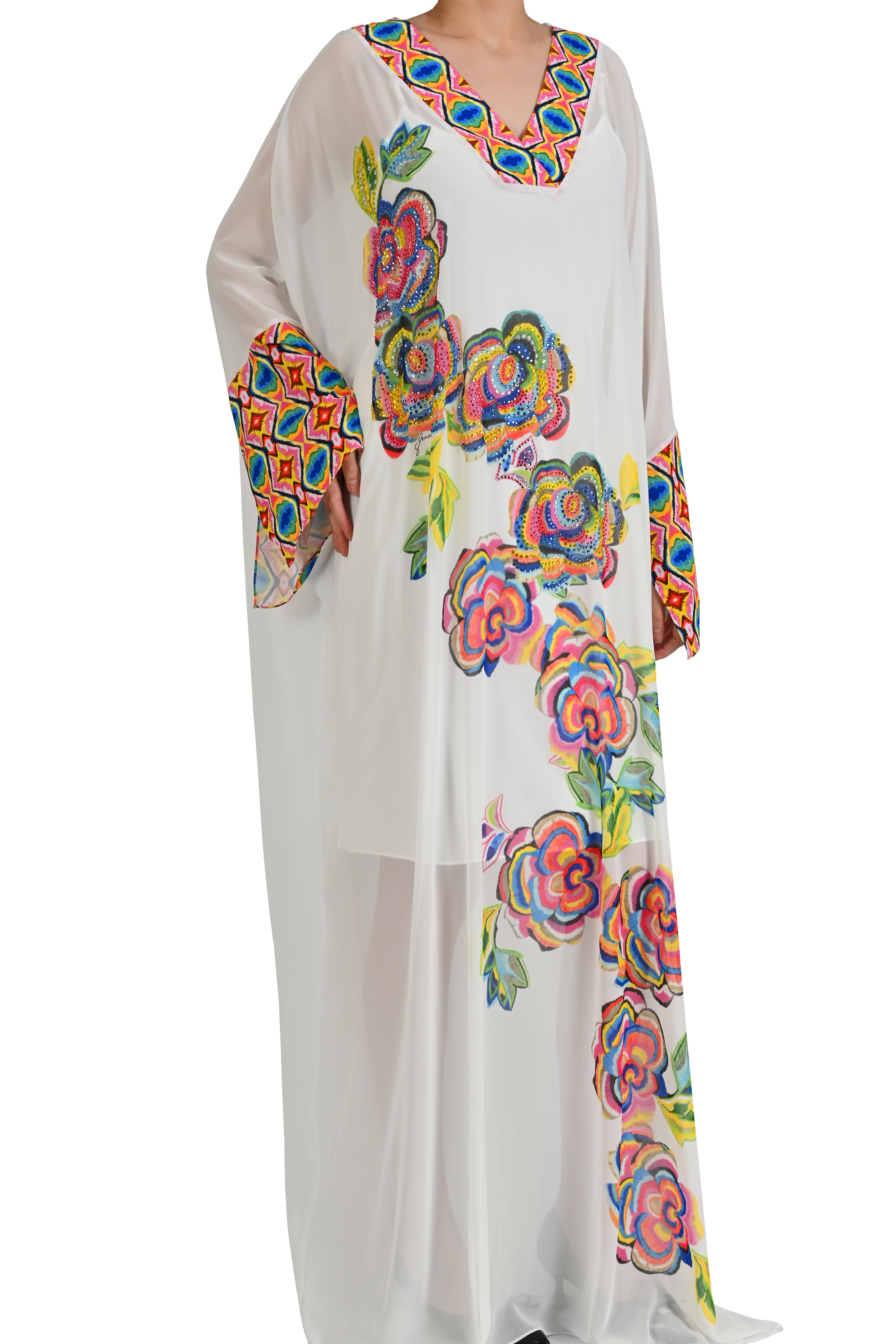 V YAKA FLORAL NAKIŞLI BEYAZ ŞİFON KAFTAN