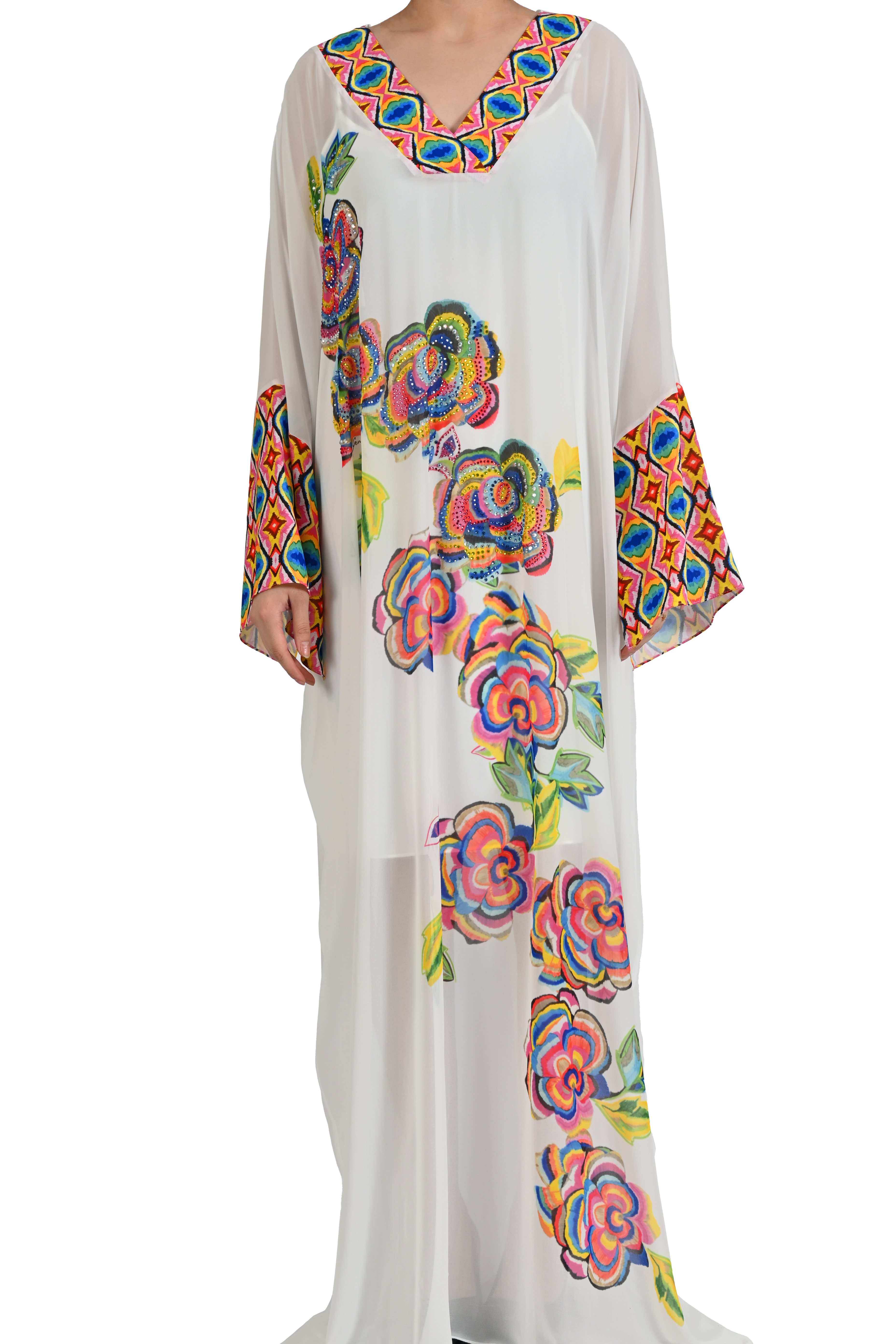 V YAKA FLORAL NAKIŞLI BEYAZ ŞİFON KAFTAN