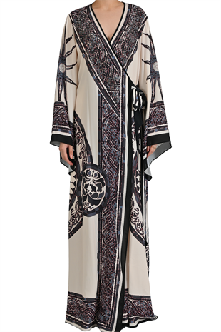 BEJ GÜNEŞ MOTİFLİ VE BELDEN BAĞLAMALI ABİYE KAFTAN