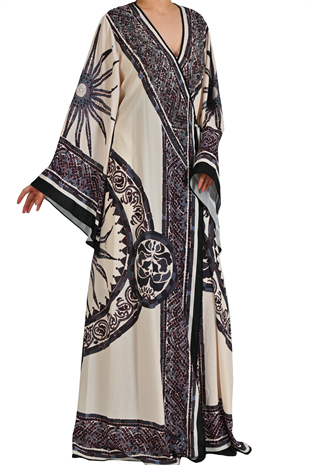 BEJ GÜNEŞ MOTİFLİ VE BELDEN BAĞLAMALI ABİYE KAFTAN