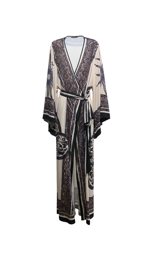 BEJ GÜNEŞ MOTİFLİ VE BELDEN BAĞLAMALI ABİYE KAFTAN