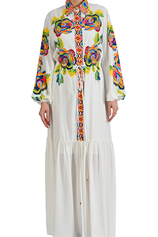 BELDEN KUŞAKLI MULTICOLOR NAKIŞLI ELBİSE