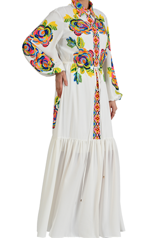BELDEN KUŞAKLI MULTICOLOR NAKIŞLI ELBİSE