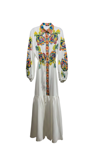 BELDEN KUŞAKLI MULTICOLOR NAKIŞLI ELBİSE
