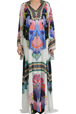 EGZOTİK KUŞ DESENLİ ŞİFON KAFTAN ELBİSE