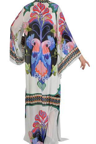 EGZOTİK KUŞ DESENLİ ŞİFON KAFTAN ELBİSE