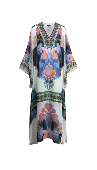EGZOTİK KUŞ DESENLİ ŞİFON KAFTAN ELBİSE