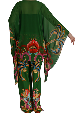 FLORAL NAKIŞLI ZÜMRÜT YEŞİLİ PELERİN TUNİK