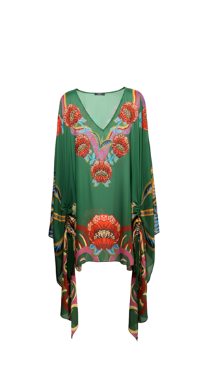 FLORAL NAKIŞLI ZÜMRÜT YEŞİLİ PELERİN TUNİK