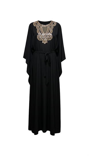 GÜMÜŞ VE GOLD MADALYON İŞLEMELİ SİYAH KAFTAN ELBİSE