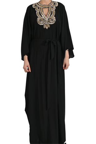 GÜMÜŞ VE GOLD MADALYON İŞLEMELİ SİYAH KAFTAN ELBİSE