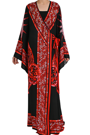 KIRMIZI GÜNEŞ MOTİFLİ VE BELDEN BAĞLAMALI ABİYE KAFTAN