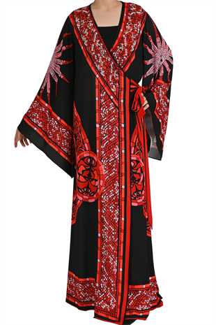 KIRMIZI GÜNEŞ MOTİFLİ VE BELDEN BAĞLAMALI ABİYE KAFTAN
