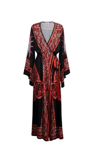 KIRMIZI GÜNEŞ MOTİFLİ VE BELDEN BAĞLAMALI ABİYE KAFTAN