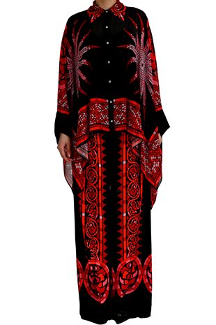 KIRMIZI-SİYAH ETNİK GRAFİK DESENLİ LUXE GÖMLEK