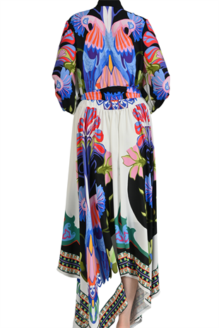 MULTİCOLOR TROPİKAL DESENLİ GÖMLEK YAKA TASARIM ELBİSE