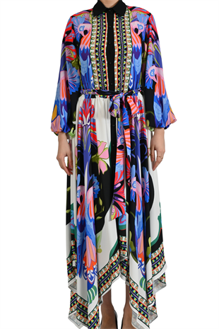 MULTİCOLOR TROPİKAL DESENLİ GÖMLEK YAKA TASARIM ELBİSE