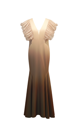 OMBRE GEÇİŞLİ VE DRAPE VOLAN KOLLU BALIK ABİYE ELBİSE