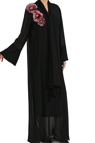 SİYAH ÇİÇEK ŞİFON KAFTAN