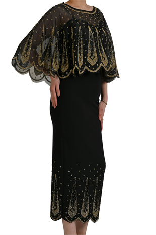 SİYAH GOLD PAYET İŞLEMELİ ORGANZE PELERİNLİ SİYAH ABİYE ELBİSE