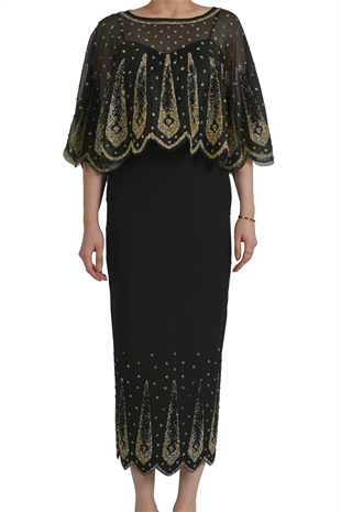 SİYAH GOLD PAYET İŞLEMELİ ORGANZE PELERİNLİ SİYAH ABİYE ELBİSE