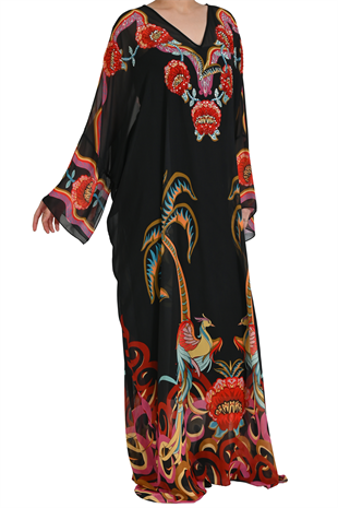 SİYAH KRİSTAL TAŞ İŞLEMELİ FLORAL DETAYLI ABİYE KAFTAN