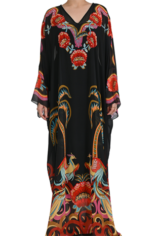 SİYAH KRİSTAL TAŞ İŞLEMELİ FLORAL DETAYLI ABİYE KAFTAN