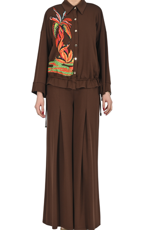 TROPİKAL NAKIŞLI VE TAŞ İŞLEMELİ KAHVE İKİLİ TAKIM