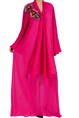 ÜÇ BOYUTLU ÇİÇEK NAKIŞLI FUŞYA ŞİFON KAFTAN