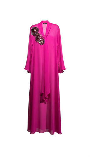 ÜÇ BOYUTLU ÇİÇEK NAKIŞLI FUŞYA ŞİFON KAFTAN