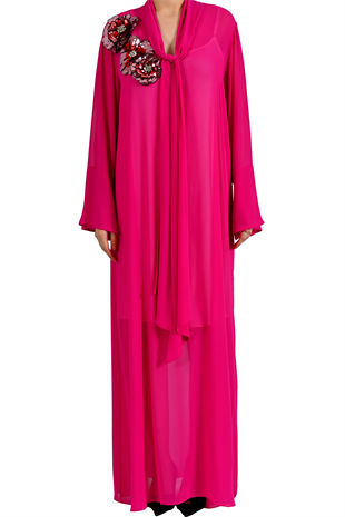 ÜÇ BOYUTLU ÇİÇEK NAKIŞLI FUŞYA ŞİFON KAFTAN