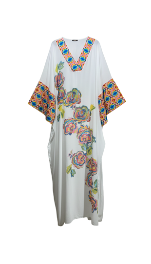 V YAKA FLORAL NAKIŞLI BEYAZ ŞİFON KAFTAN