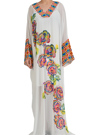 V YAKA FLORAL NAKIŞLI BEYAZ ŞİFON KAFTAN