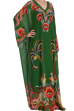 YEŞİL KRİSTAL TAŞ İŞLEMELİ FLORAL DETAYLI ABİYE KAFTAN
