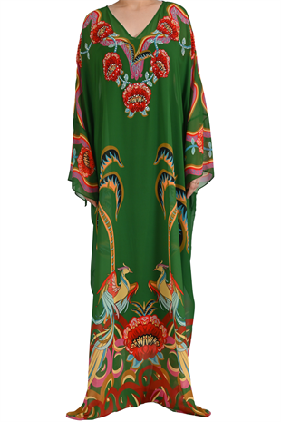 YEŞİL KRİSTAL TAŞ İŞLEMELİ FLORAL DETAYLI ABİYE KAFTAN