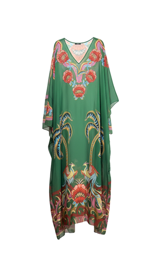 YEŞİL KRİSTAL TAŞ İŞLEMELİ FLORAL DETAYLI ABİYE KAFTAN
