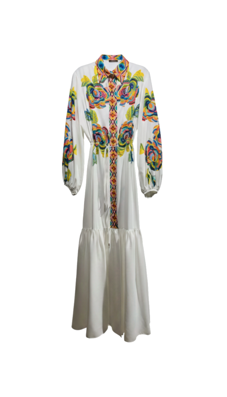 BELDEN KUŞAKLI MULTICOLOR NAKIŞLI ELBİSE