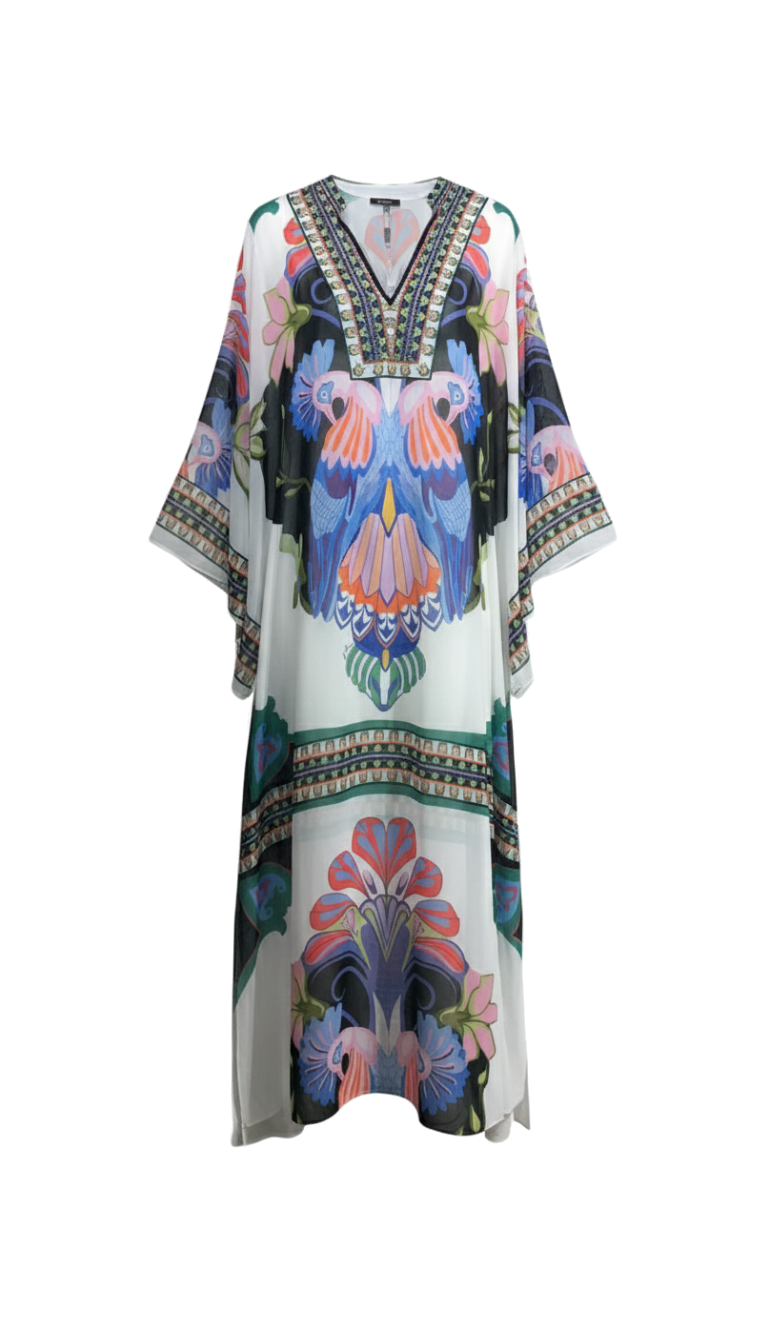 EGZOTİK KUŞ DESENLİ ŞİFON KAFTAN ELBİSE