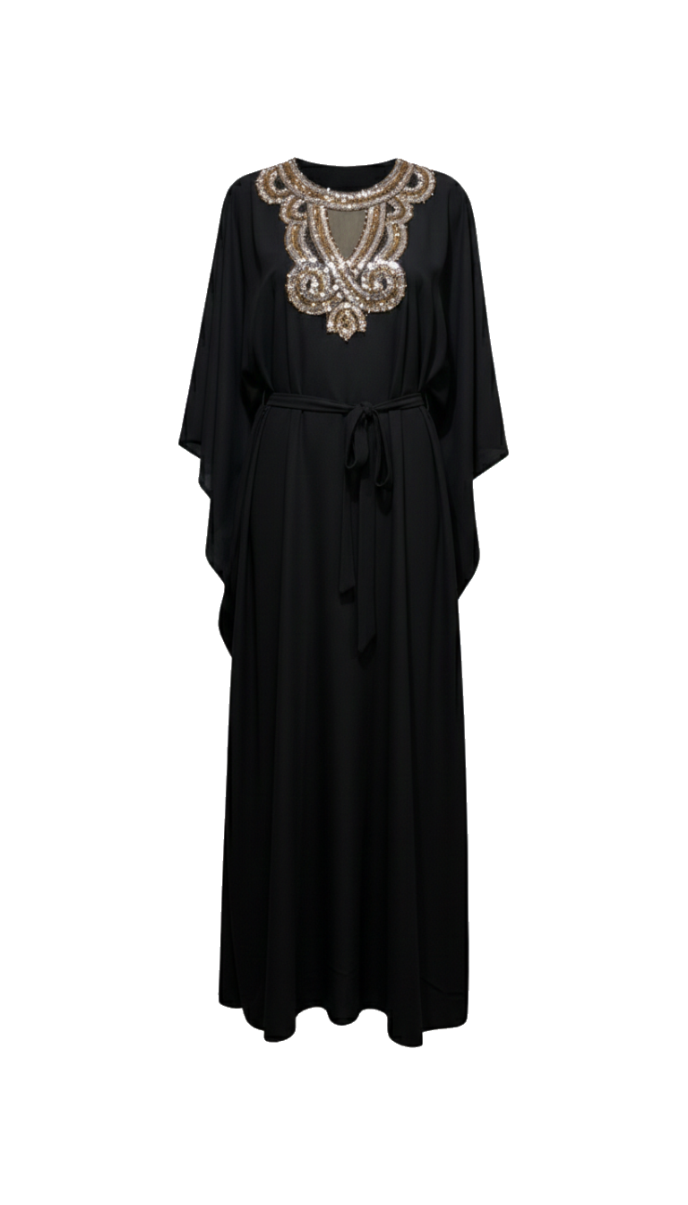 GÜMÜŞ VE GOLD MADALYON İŞLEMELİ SİYAH KAFTAN ELBİSE