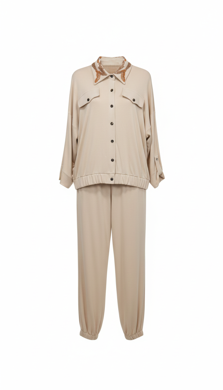 IŞILTILI YAKA İŞLEMELİ VE CEPLİ BEJ TAKIM