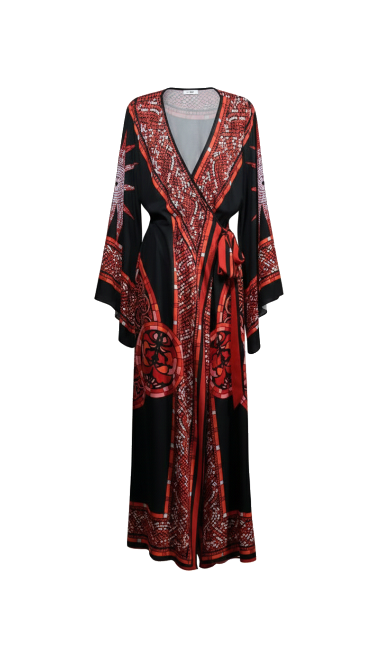 KIRMIZI GÜNEŞ MOTİFLİ VE BELDEN BAĞLAMALI ABİYE KAFTAN