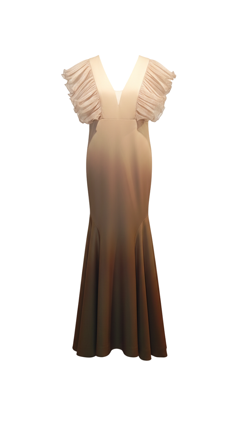 OMBRE GEÇİŞLİ VE DRAPE VOLAN KOLLU BALIK ABİYE ELBİSE